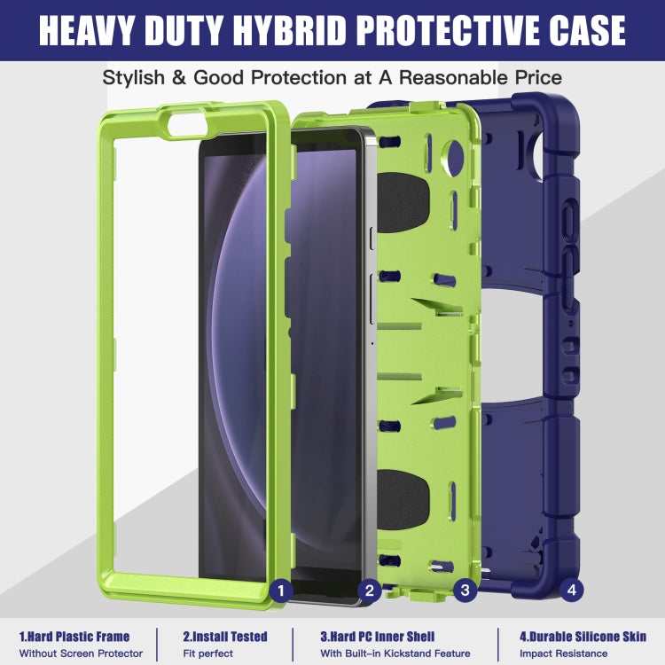 Samsung Galaxy Tab A9 3-layer protection screen frame showcasing hard PC covers and soft silicone shell for comprehensive protection.